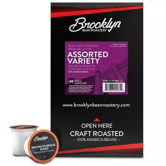 Brooklyn Beans Coffee Pods Variety Pack, 40 Count – Handcrafted Gourmet Coffee Sampler, Compatible with Keurig 2.0 Brewers, Assorted Medium, Dark & Flavored Roast K-Cup Pods