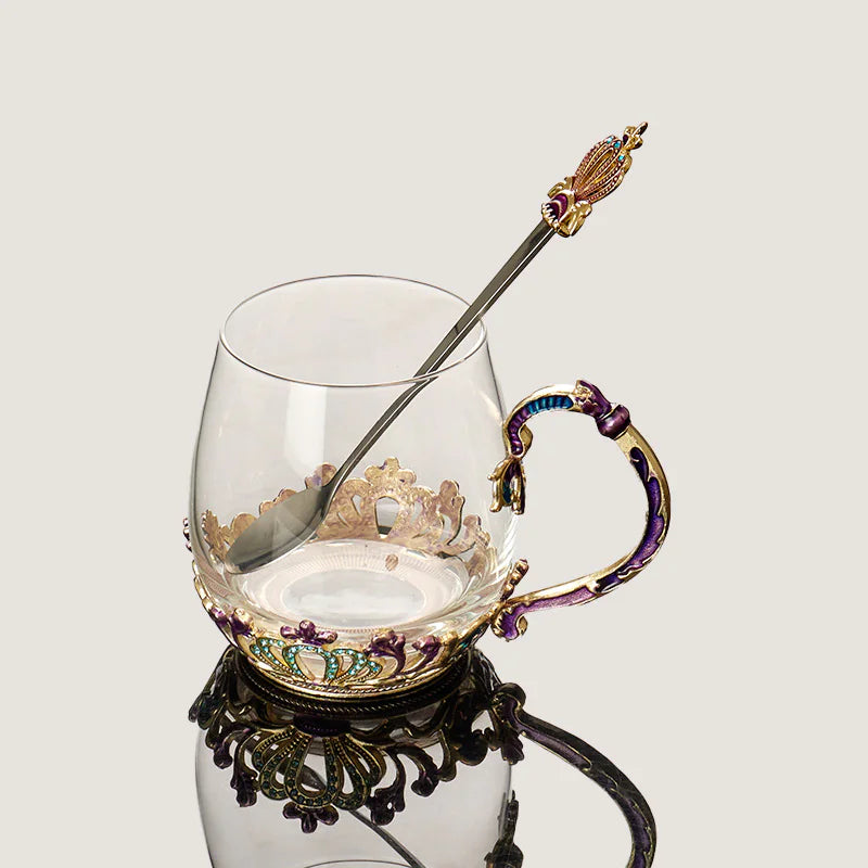 Heat-resistant Enamel Crystal Glass Tea Cup with Lid and Spoon, Floral Pattern, Gift Box Options