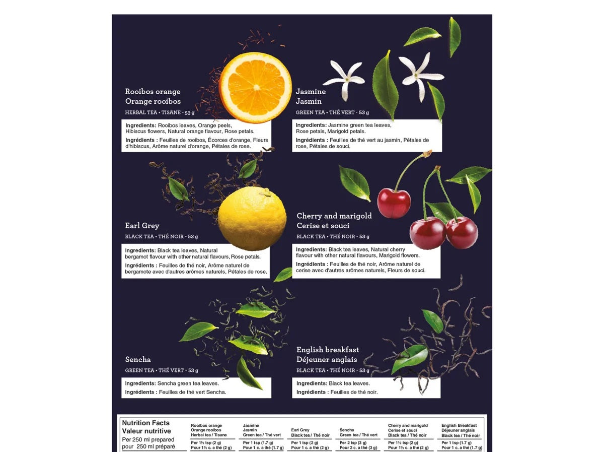 Four O’Clock Tea Gift Set | Loose Leaf Tea Collection from Montreal | 6 Global Blends + 2 Porcelain Mugs | Luxury Tea Experience