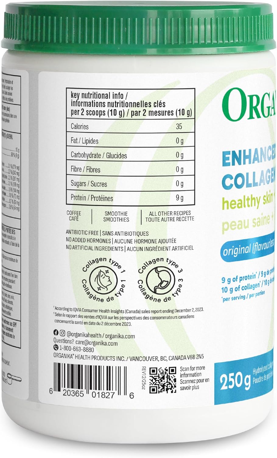 Organika Enhanced Collagen Powder, 250 g | Grass-Fed Hydrolyzed Collagen Peptides for Hair, Skin, Nails & Joints | Unflavoured, Non-GMO, Canadian-Made Protein Supplement