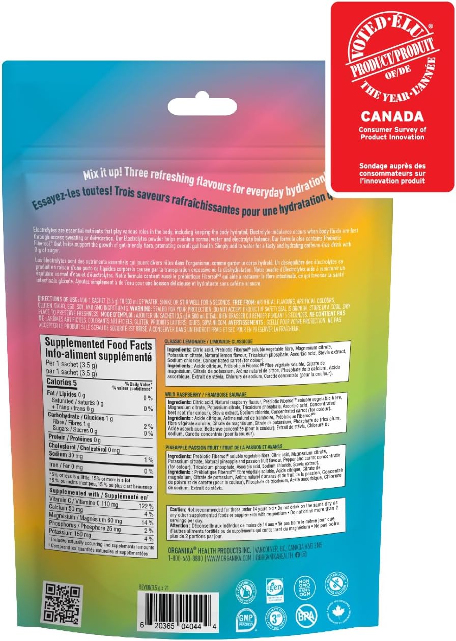 Organika Electrolytes Powder Variety Pack, 21 Sachets | Sugar-Free Hydration with Prebiotics & Vitamin C | Raspberry, Lemonade & Pineapple | Canadian-Made On-the-Go Electrolyte Drink Mix