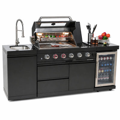 Outdoor Kitchen Island with Grill, Sink, Fridge & Wine Cooler