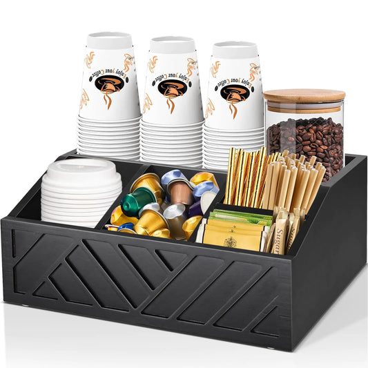Coffee Bar Organizer for Coffee Bar Accessories Wood Coffee Station Organizer for Countertop Farmhouse Coffee Pod Syrup Holder Organizer Coffee Bar Condiment Organizer for Coffee Bar Decor (Black)