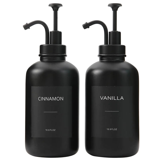 BONLONG Coffee Syrup Dispenser for Coffee Bar Accessories Coffee Syrup Pump Dispenser 16.9OZ Glass Syrup Bottles with 18 Coffee Syrup Labels. (Black)