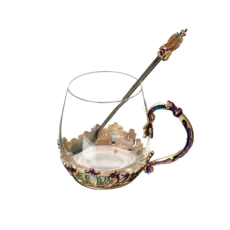 Heat-resistant Enamel Crystal Glass Tea Cup with Lid and Spoon, Floral Pattern, Gift Box Options