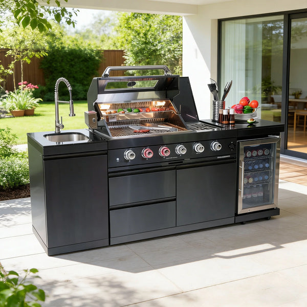 Outdoor Kitchen Island with Grill, Sink, Fridge & Wine Cooler