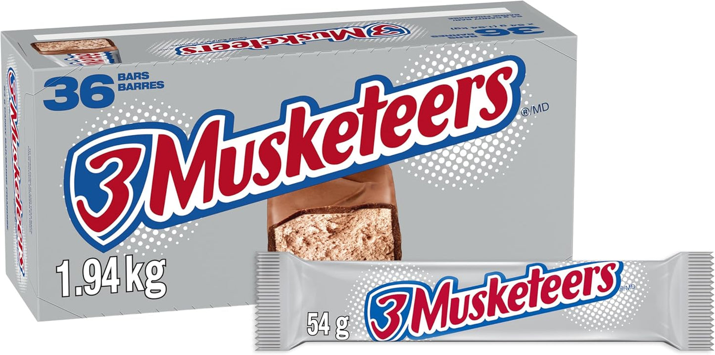 3 MUSKETEERS, Chocolate Nougat Candy Bar, Full Size Bar, 54g (Pack of 36)