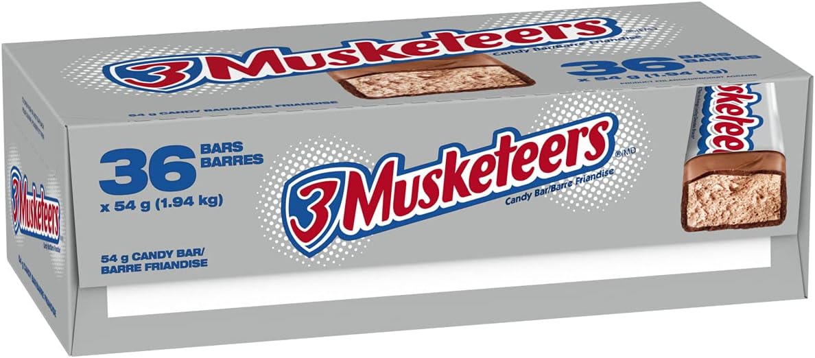 3 MUSKETEERS, Chocolate Nougat Candy Bar, Full Size Bar, 54g (Pack of 36)