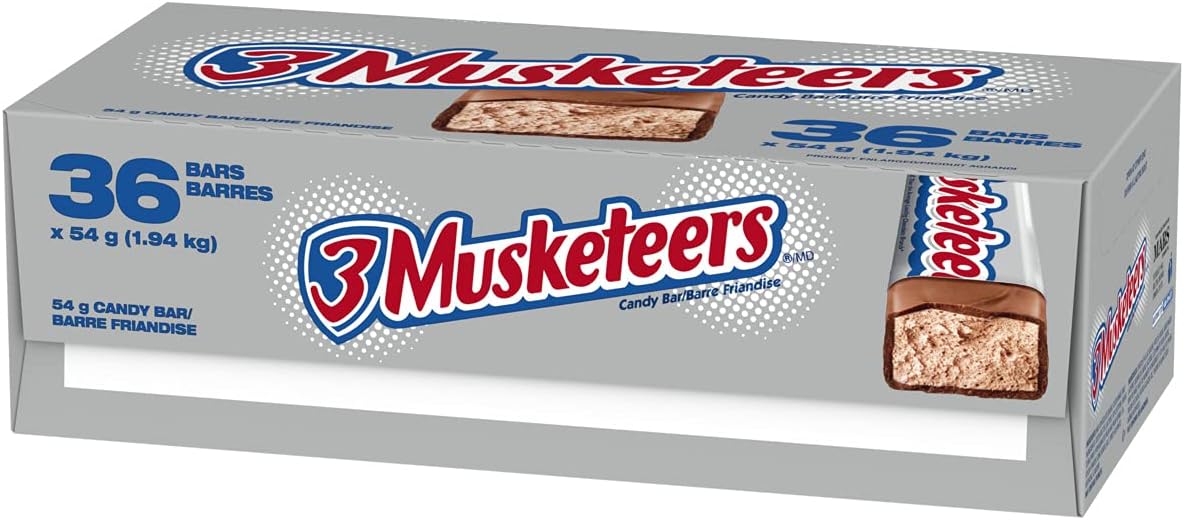 3 MUSKETEERS, Chocolate Nougat Candy Bar, Full Size Bar, 54g (Pack of 36)
