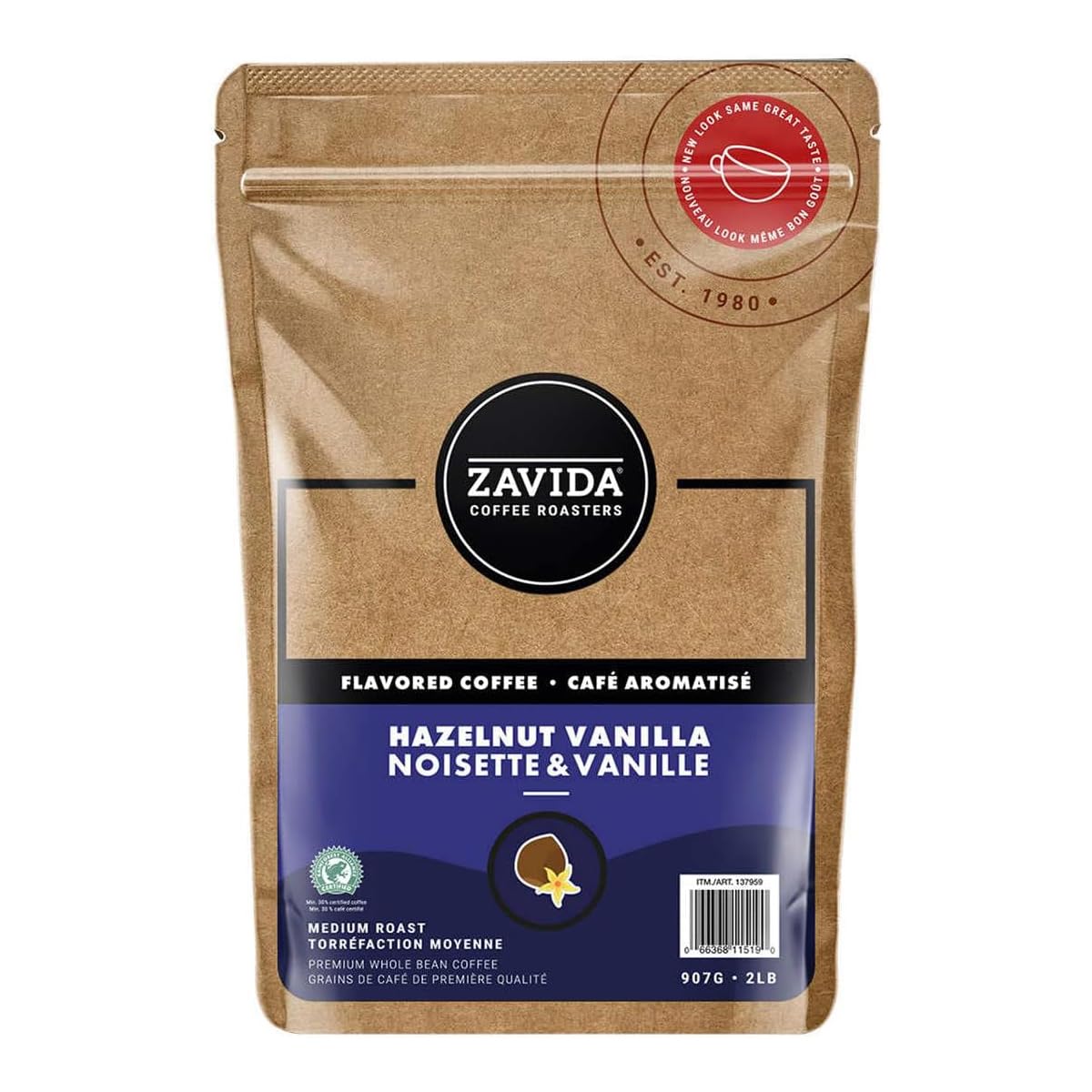Zavida Hazelnut Vanilla Whole Bean Coffee – Flavoured Arabica Beans, 907g (2 lb)