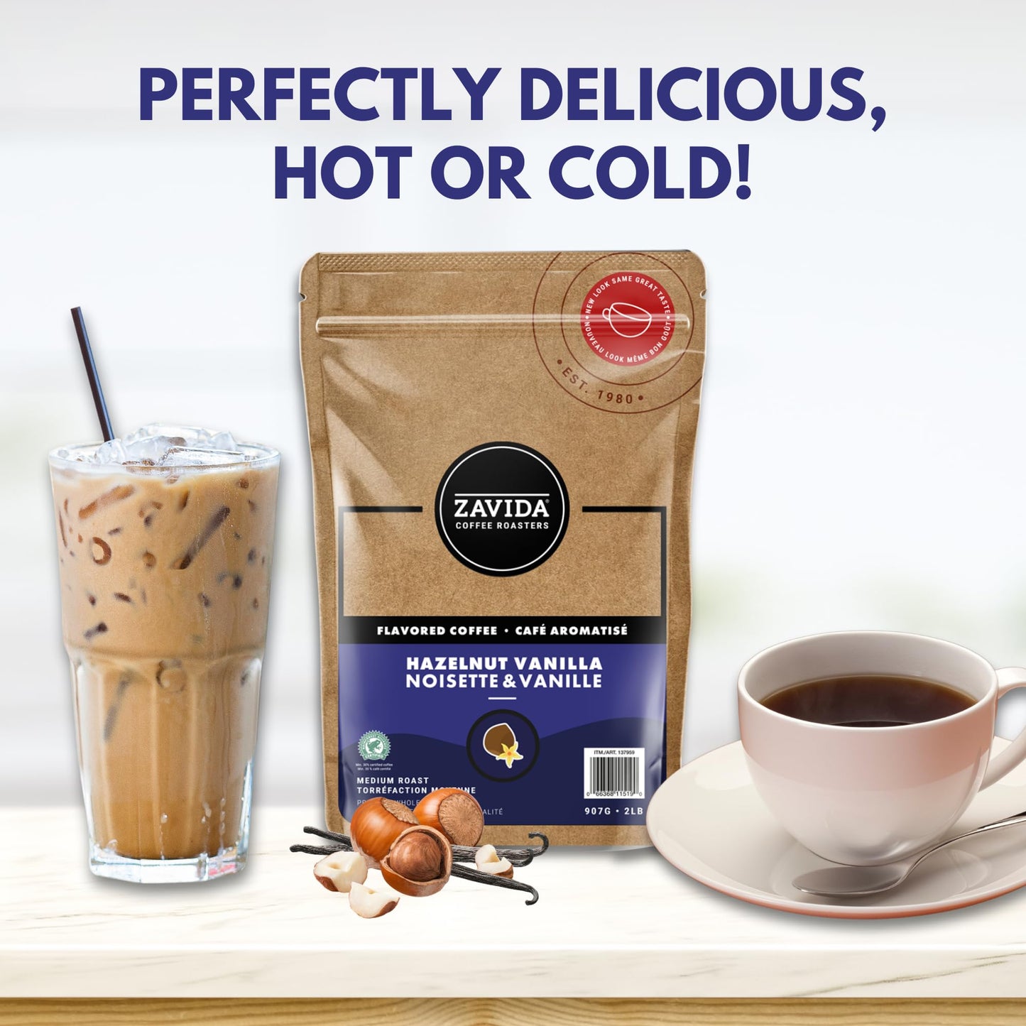 Zavida Hazelnut Vanilla Premium Whole Bean Flavoured/Flavored Coffee, Medium-Dark Roast, RFA 30%, Kosher, Halal, 2 Pound Bag