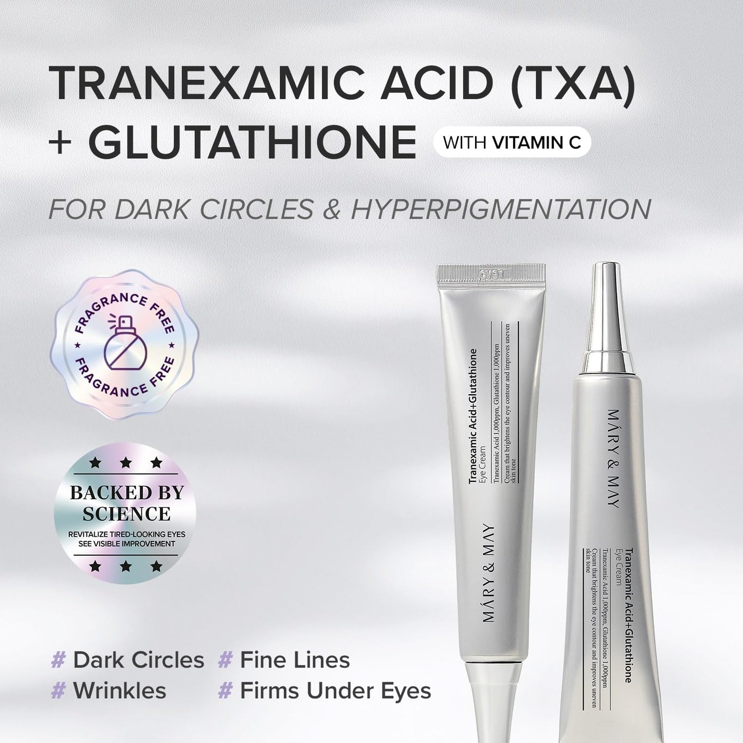 Mary&May Tranexamic Acid + Glutathione Eye Cream - Powerful Antioxidant, Reduces Dark Circles in the Eye, Improve Uneven Skin Tone with Vitamin C - Suitable for Morning and Night Use, 1.01 oz