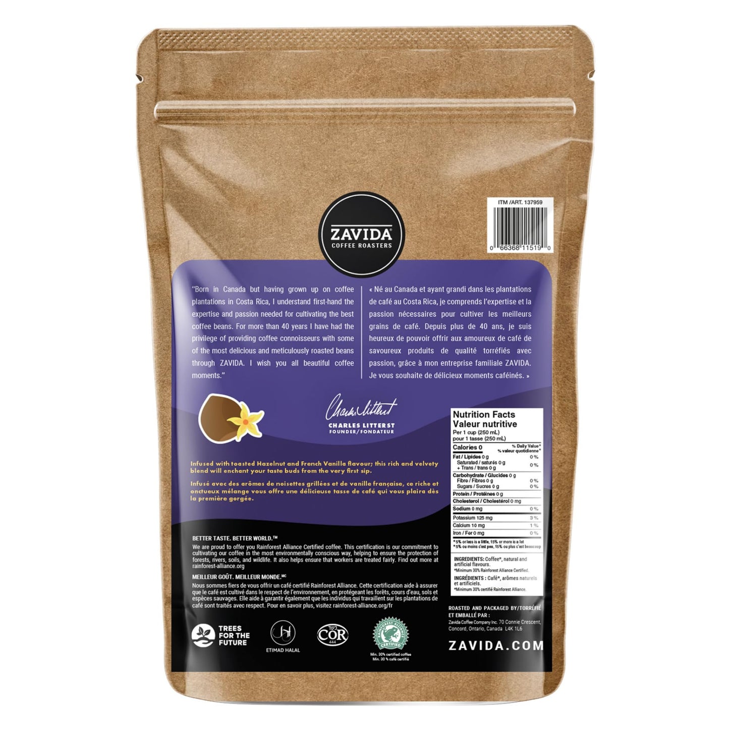 Zavida Hazelnut Vanilla Premium Whole Bean Flavoured/Flavored Coffee, Medium-Dark Roast, RFA 30%, Kosher, Halal, 2 Pound Bag