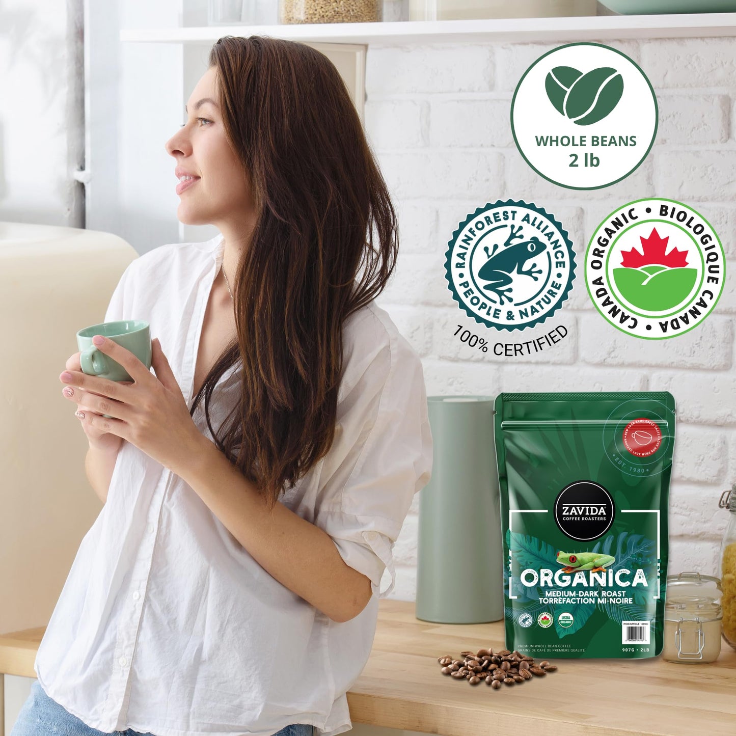 Zavida Organica Premium Whole Bean Coffee, Medium Dark Roast, RFA 100%, Kosher, Halal, Organic, 2 Pound Bag