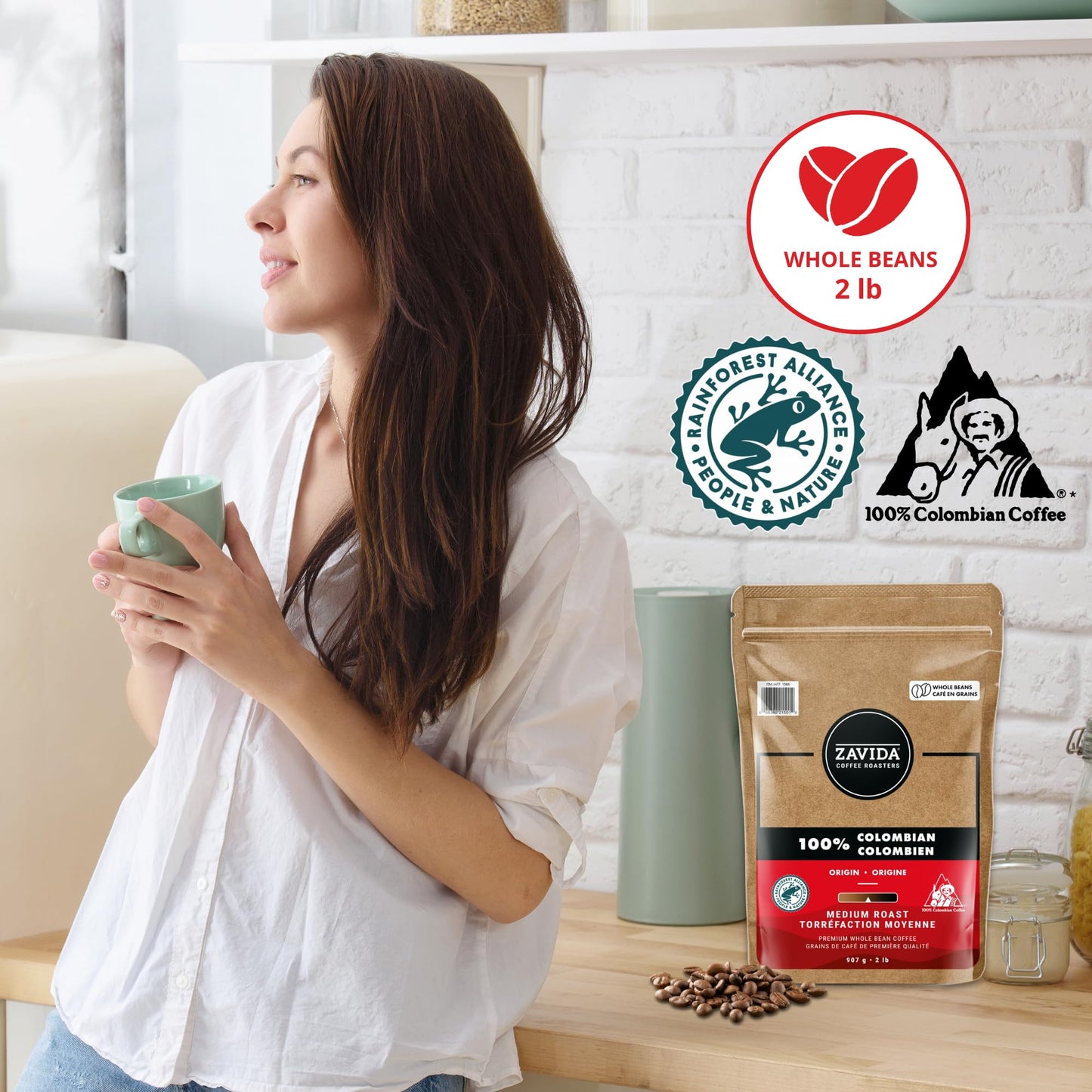 Zavida 100% Colombian Whole Bean Coffee – Medium Roast Arabica, 907g (2 lb)