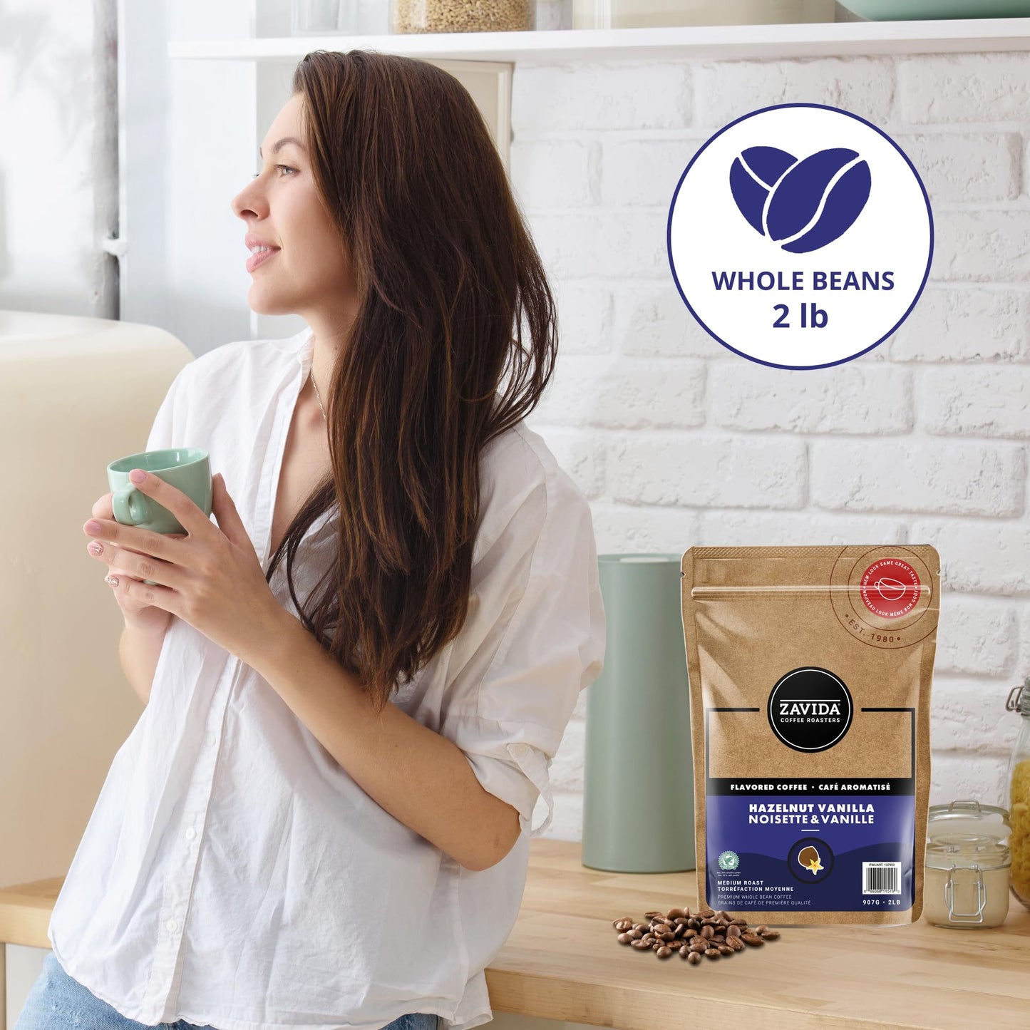 Zavida Hazelnut Vanilla Premium Whole Bean Flavoured/Flavored Coffee, Medium-Dark Roast, RFA 30%, Kosher, Halal, 2 Pound Bag