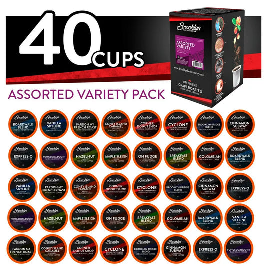 Brooklyn Beans Coffee Pods Variety Pack, 40 Count – Handcrafted Gourmet Coffee Sampler, Compatible with Keurig 2.0 Brewers, Assorted Medium, Dark & Flavored Roast K-Cup Pods