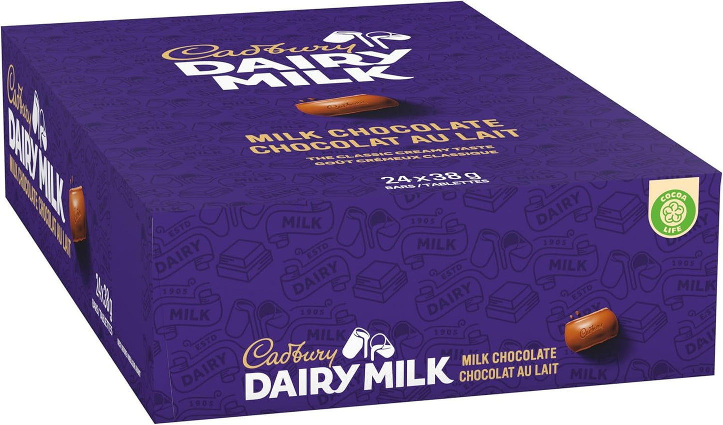 CADBURY DAIRY MILK, Dairy Milk Chocolate Bars, Milk Chocolate, CADBURY Chocolate Bars, Pack of 24, 38 g Chocolate Bars, 912g, Made in Canada