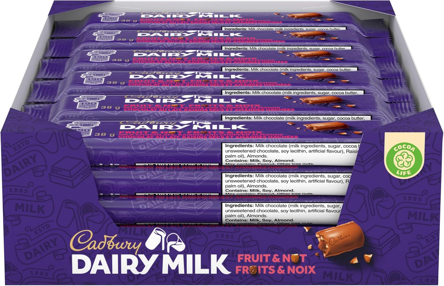 CADBURY DAIRY MILK, Fruit & Nut Chocolate Bar, Milk Chocolate with Raisins and Chopped Almonds, 24 x 38 g Chocolate Bars, 912g, Made in Canada