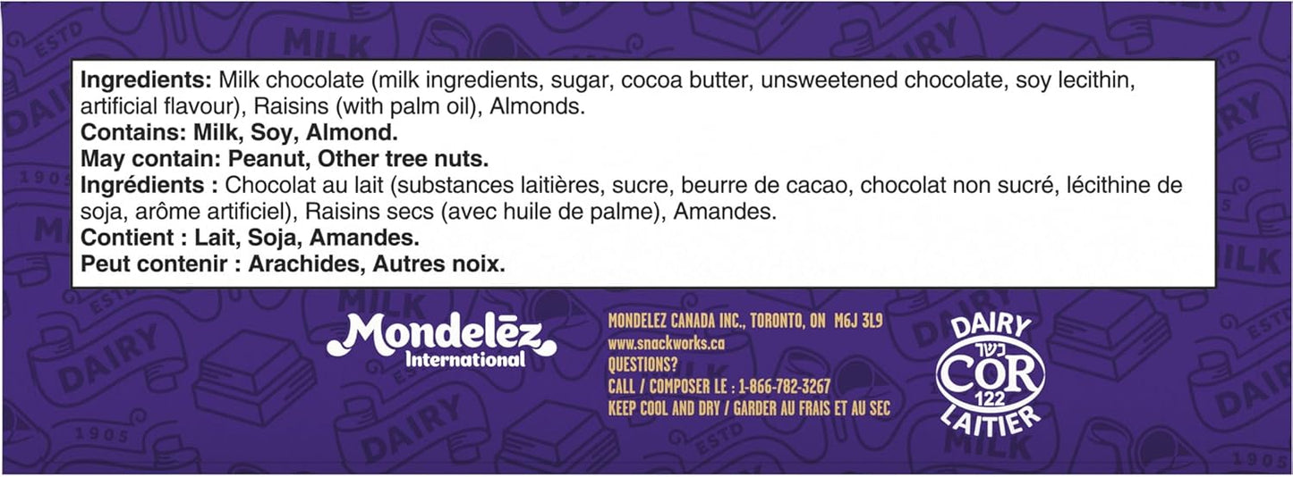 CADBURY DAIRY MILK, Fruit & Nut Chocolate Bar, Milk Chocolate with Raisins and Chopped Almonds, 24 x 38 g Chocolate Bars, 912g, Made in Canada