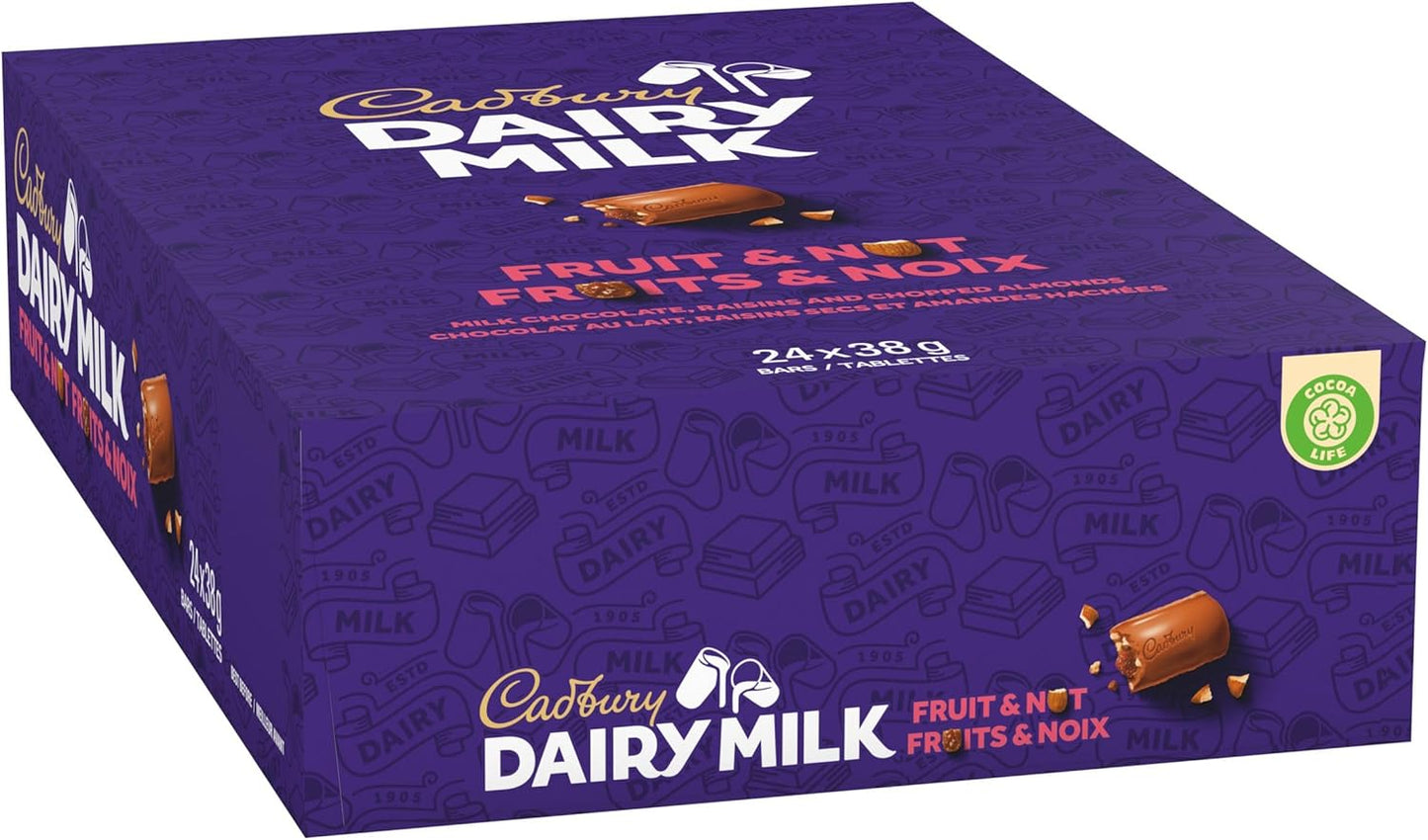 CADBURY DAIRY MILK, Fruit & Nut Chocolate Bar, Milk Chocolate with Raisins and Chopped Almonds, 24 x 38 g Chocolate Bars, 912g, Made in Canada