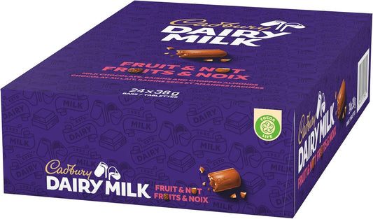 CADBURY DAIRY MILK, Fruit & Nut Chocolate Bar, Milk Chocolate with Raisins and Chopped Almonds, 24 x 38 g Chocolate Bars, 912g, Made in Canada