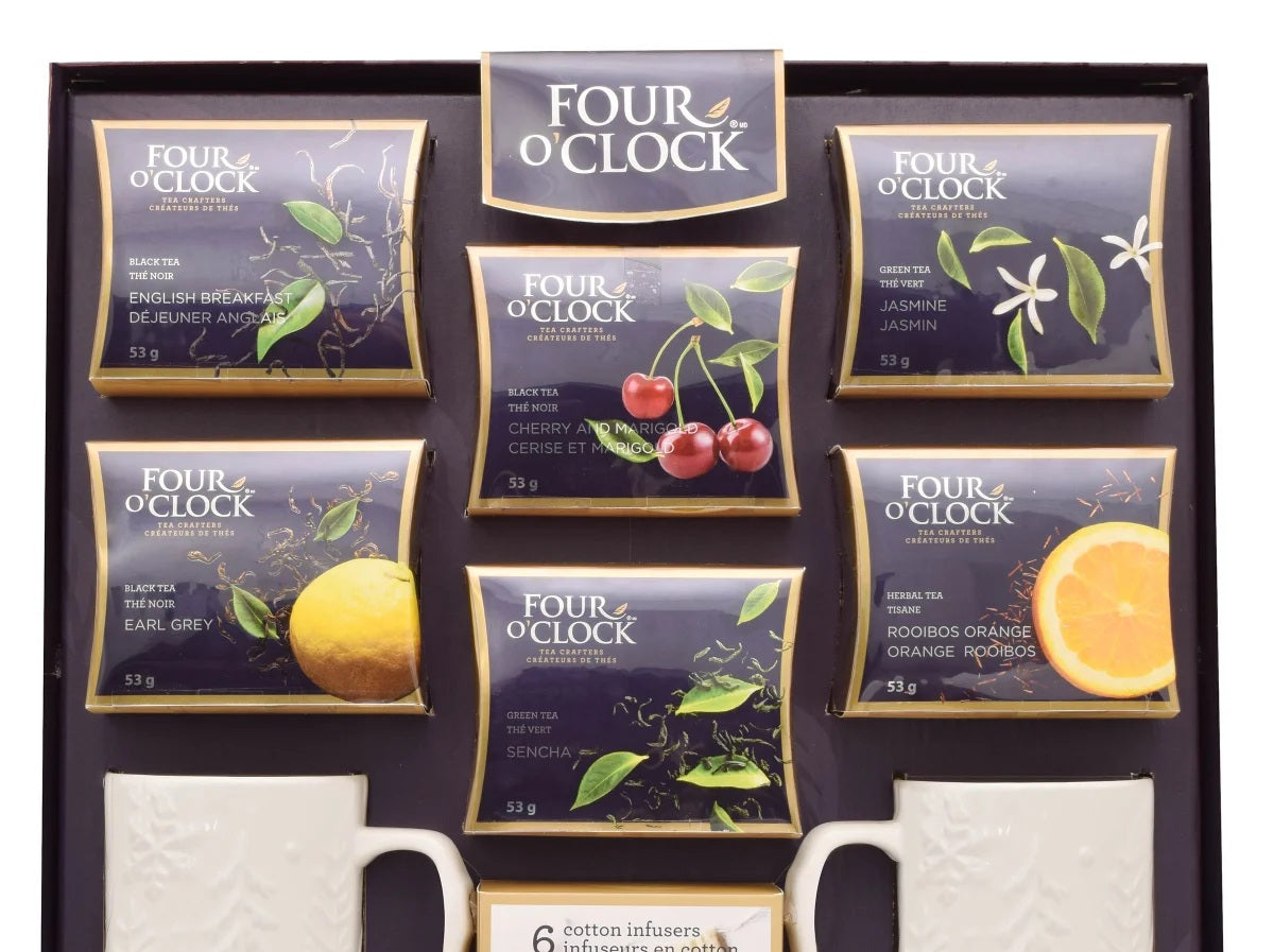 Four O’Clock Tea Gift Set | Loose Leaf Tea Collection from Montreal | 6 Global Blends + 2 Porcelain Mugs | Luxury Tea Experience