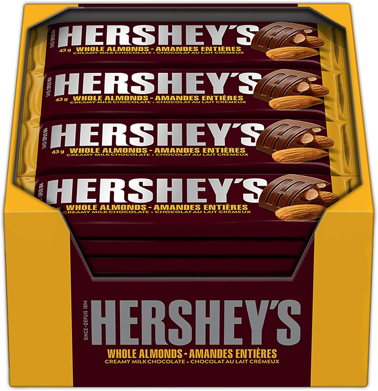 Hershey Almond Full Size Chocolatey Candy Bars, Individually Wrapped, 43g (Pack of 36 Candy Chocolate Bars)