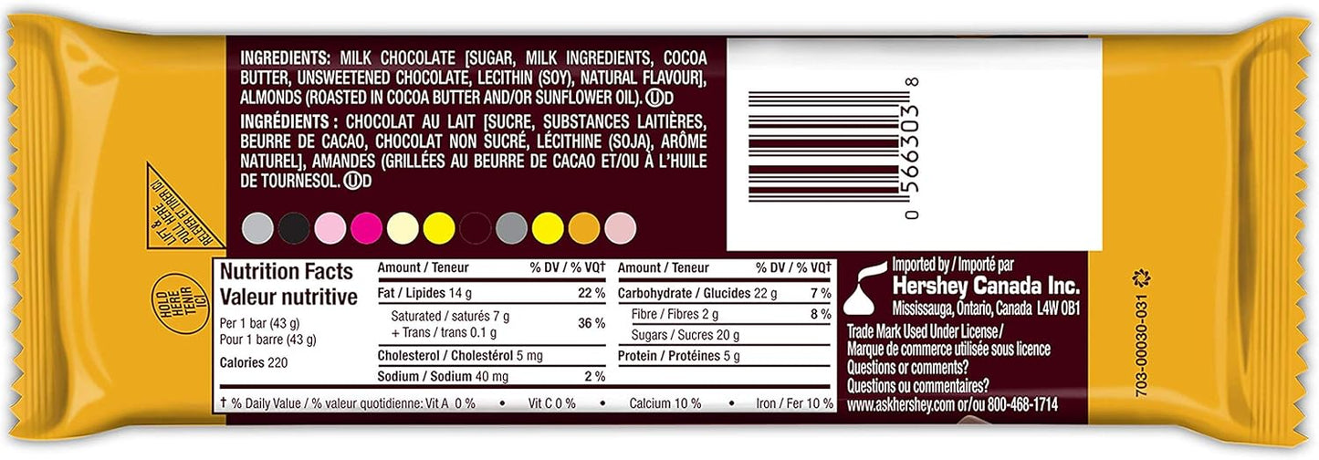 Hershey Almond Full Size Chocolatey Candy Bars, Individually Wrapped, 43g (Pack of 36 Candy Chocolate Bars)