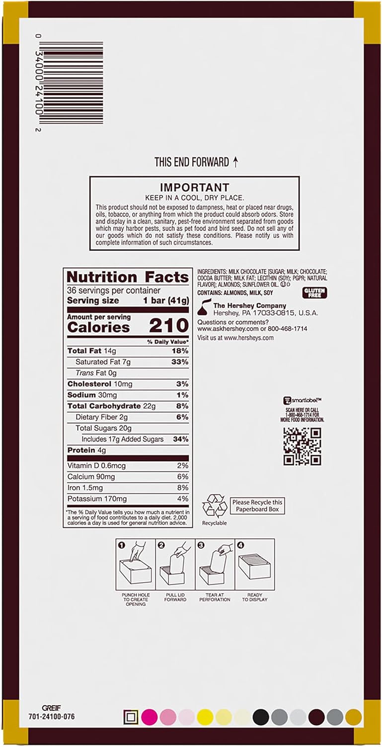 Hershey Almond Full Size Chocolatey Candy Bars, Individually Wrapped, 43g (Pack of 36 Candy Chocolate Bars)