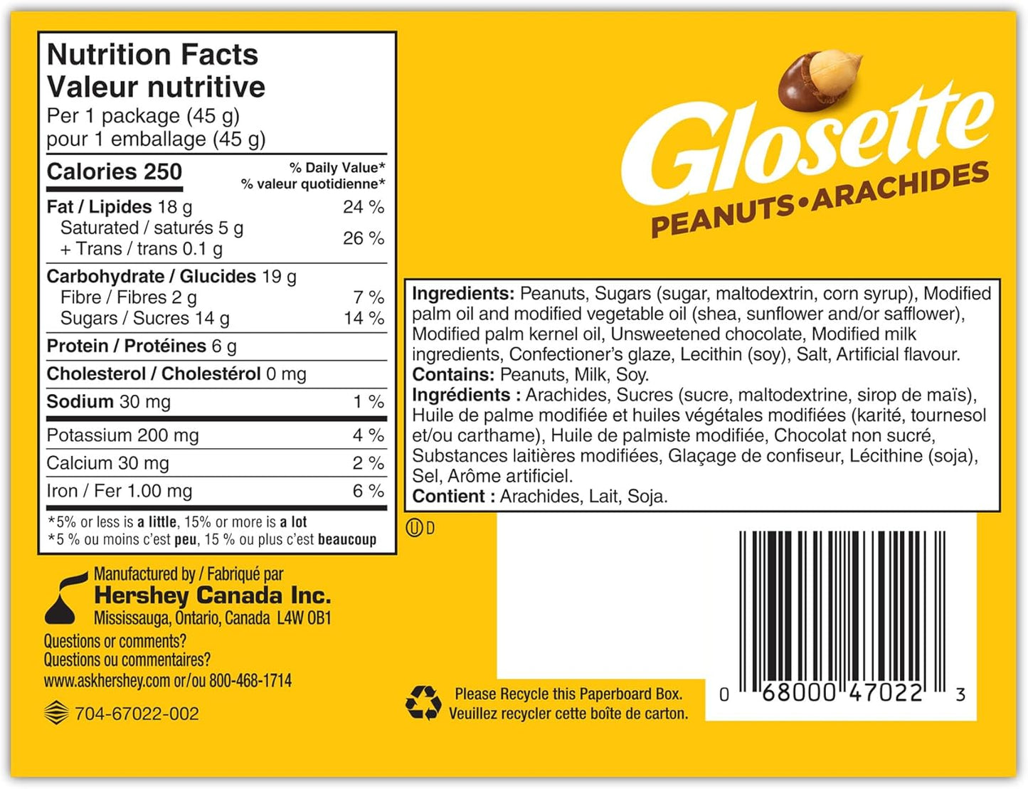 Hershey Glosette Chocolate Covered Peanut Candy Bars, Individually Wrapped, 45g (Pack of 18 Candy Chocolate Bars)