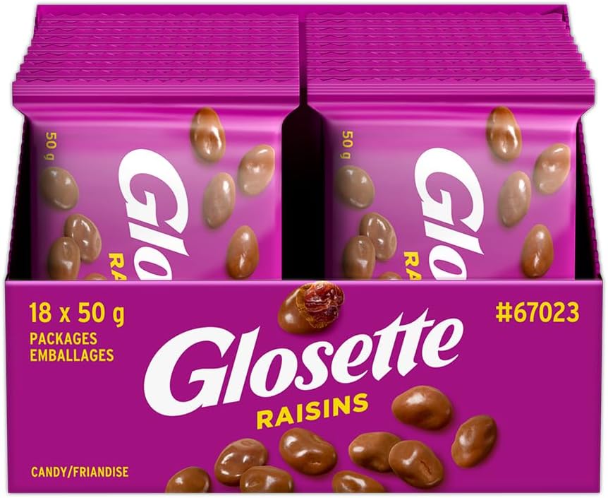 Hershey Glosette Chocolate Covered Raisin Candy Bars, Individually Wrapped, 50g (Pack of 18 Candy Chocolate Bars)