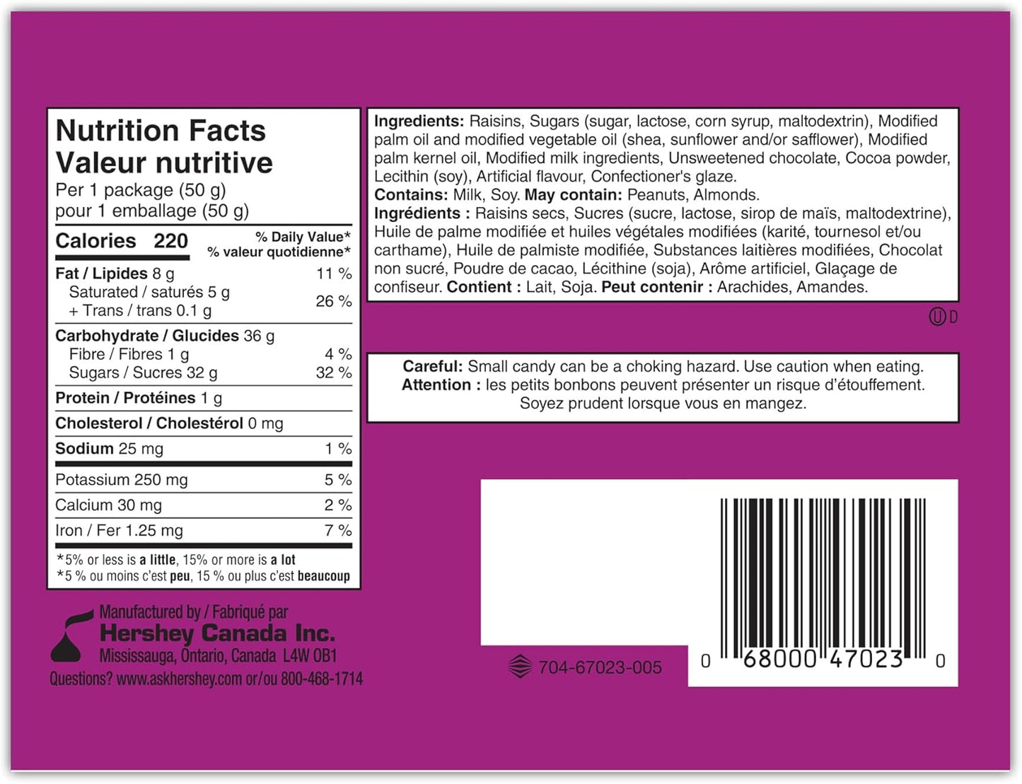 Hershey Glosette Chocolate Covered Raisin Candy Bars, Individually Wrapped, 50g (Pack of 18 Candy Chocolate Bars)