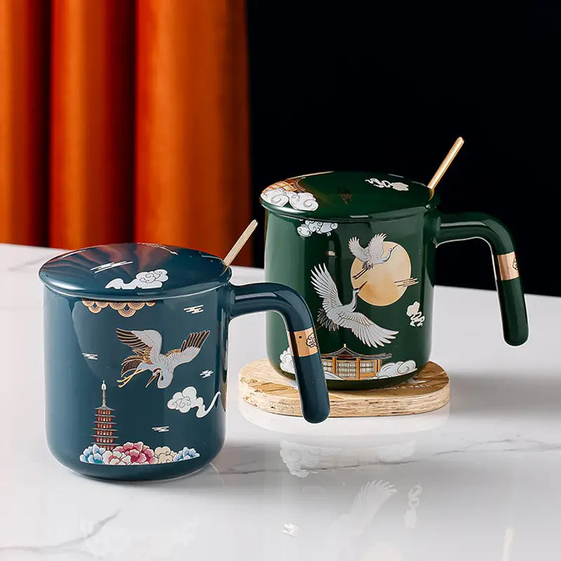 Ceramic Coffee Cup Set with Lid and Spoon, Floral Design