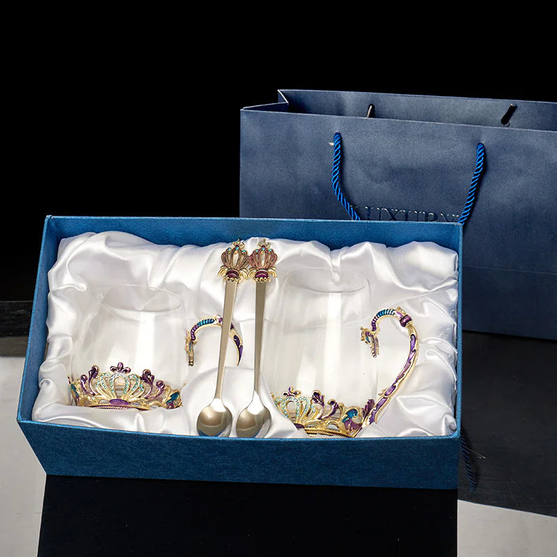 Heat-resistant Enamel Crystal Glass Tea Cup with Lid and Spoon, Floral Pattern, Gift Box Options