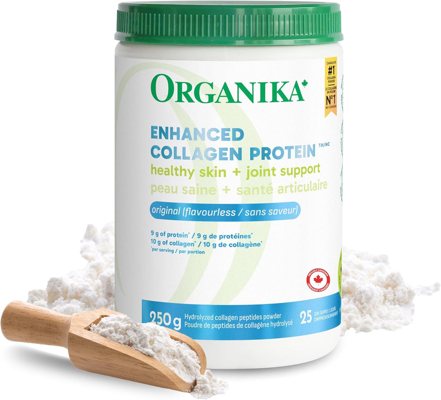 Organika Enhanced Collagen Powder, 250 g | Grass-Fed Hydrolyzed Collagen Peptides for Hair, Skin, Nails & Joints | Unflavoured, Non-GMO, Canadian-Made Protein Supplement