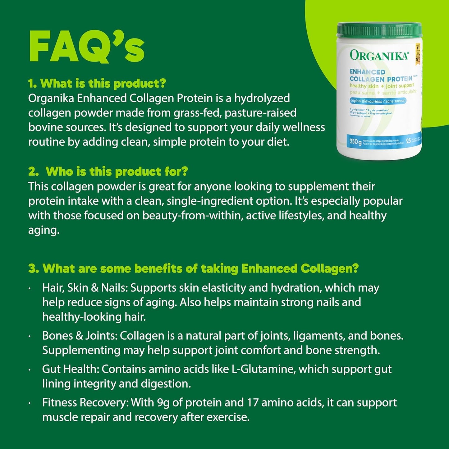 Organika Enhanced Collagen Powder, 250 g | Grass-Fed Hydrolyzed Collagen Peptides for Hair, Skin, Nails & Joints | Unflavoured, Non-GMO, Canadian-Made Protein Supplement