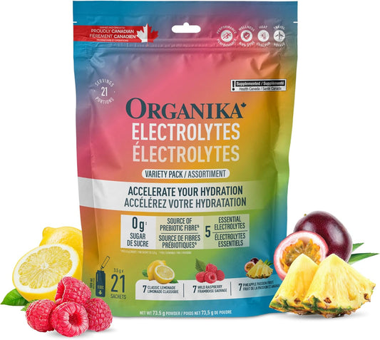 Organika Electrolytes Powder Variety Pack, 21 Sachets | Sugar-Free Hydration with Prebiotics & Vitamin C | Raspberry, Lemonade & Pineapple | Canadian-Made On-the-Go Electrolyte Drink Mix