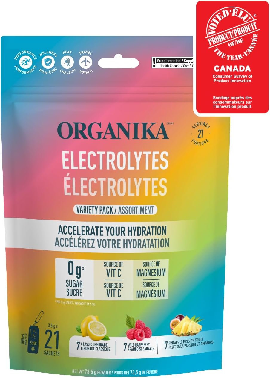 Organika Electrolytes Powder Variety Pack, 21 Sachets | Sugar-Free Hydration with Prebiotics & Vitamin C | Raspberry, Lemonade & Pineapple | Canadian-Made On-the-Go Electrolyte Drink Mix