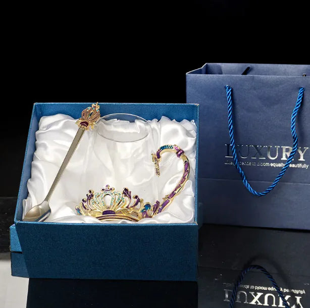 Heat-resistant Enamel Crystal Glass Tea Cup with Lid and Spoon, Floral Pattern, Gift Box Options