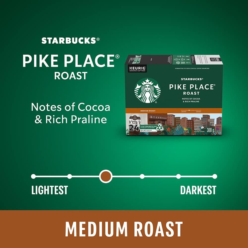 Starbucks Pike Place Roast Coffee Pods – 48 Keurig K-Cups (2×24 Count) | Smooth Medium Roast, Rich & Balanced Flavor