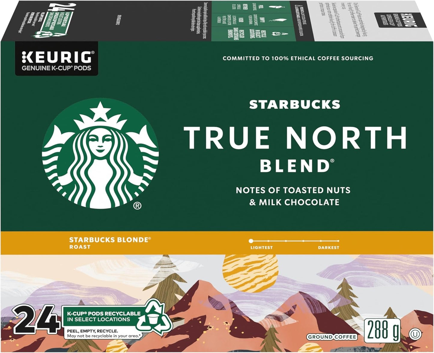 Starbucks True North Blonde Roast Coffee Pods – 48 Keurig K-Cups (2×24 Count) | Smooth, Light Roast with Sweet & Mellow Flavor