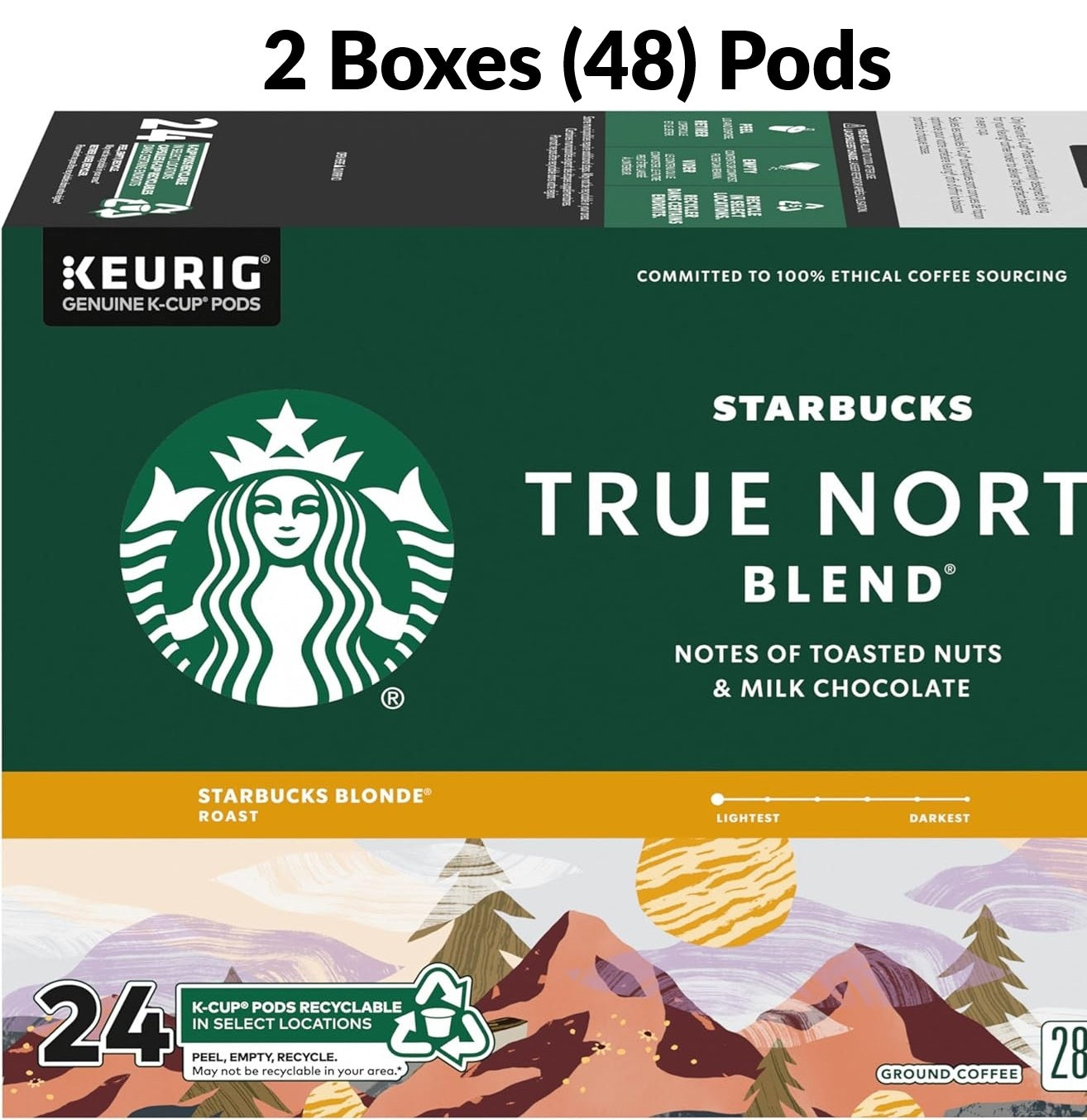 Starbucks True North Blonde Roast Coffee Pods – 48 Keurig K-Cups (2×24 Count) | Smooth, Light Roast with Sweet & Mellow Flavor
