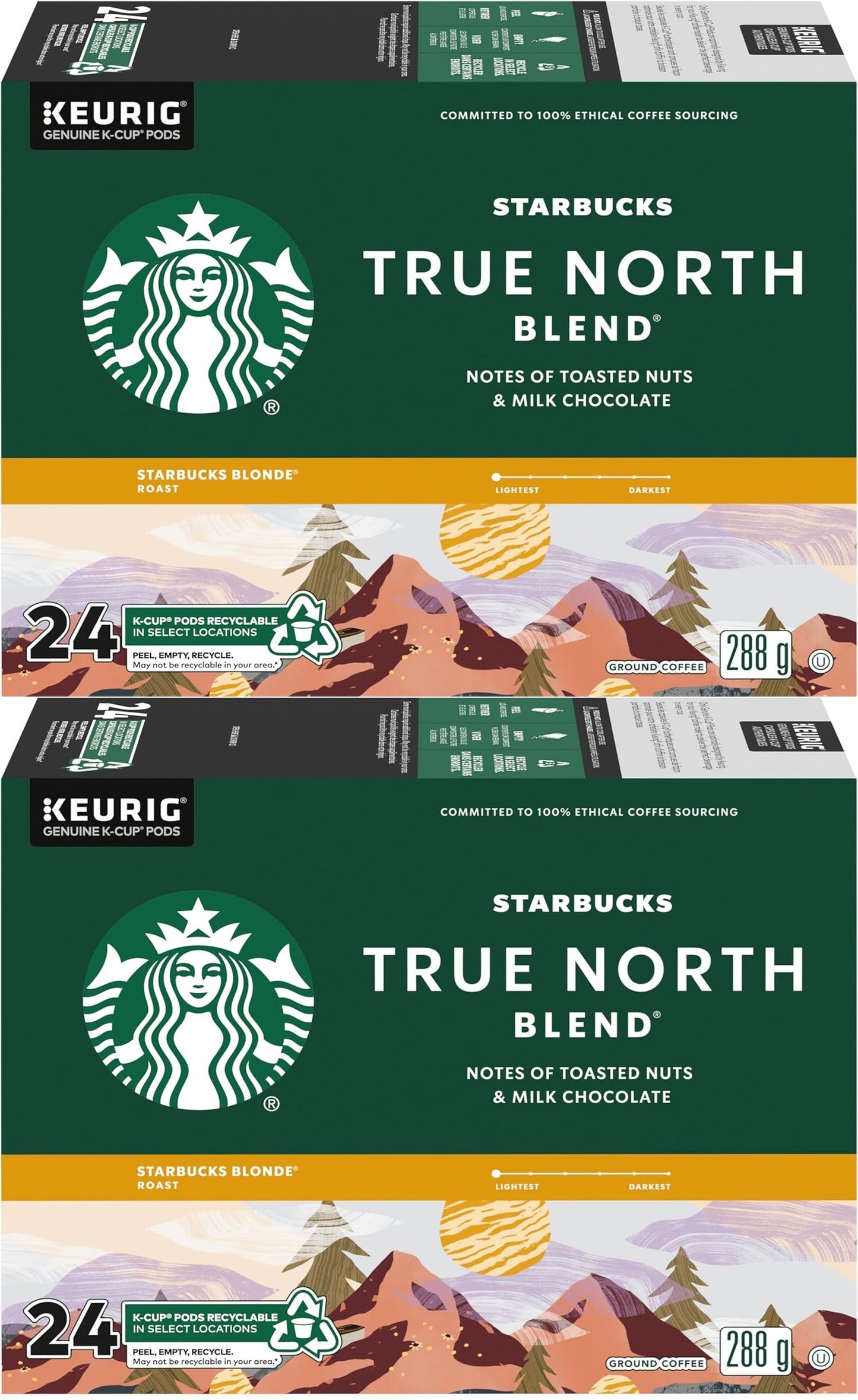 Starbucks True North Blonde Roast Coffee Pods – 48 Keurig K-Cups (2×24 Count) | Smooth, Light Roast with Sweet & Mellow Flavor