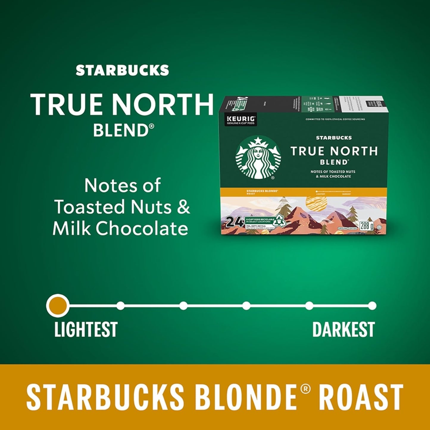 Starbucks True North Blonde Roast Coffee Pods – 48 Keurig K-Cups (2×24 Count) | Smooth, Light Roast with Sweet & Mellow Flavor