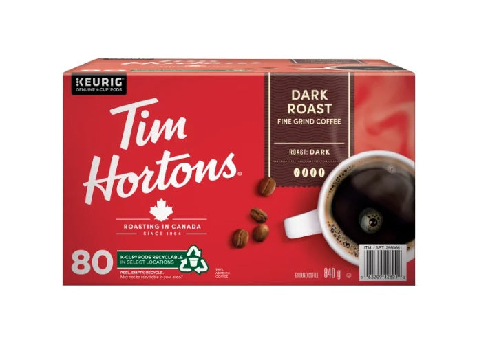 Tim Hortons Dark Roast Coffee K-Cup Pods, 80-Count | Bold & Full-Bodied Dark Roast | Compatible with Keurig Brewers