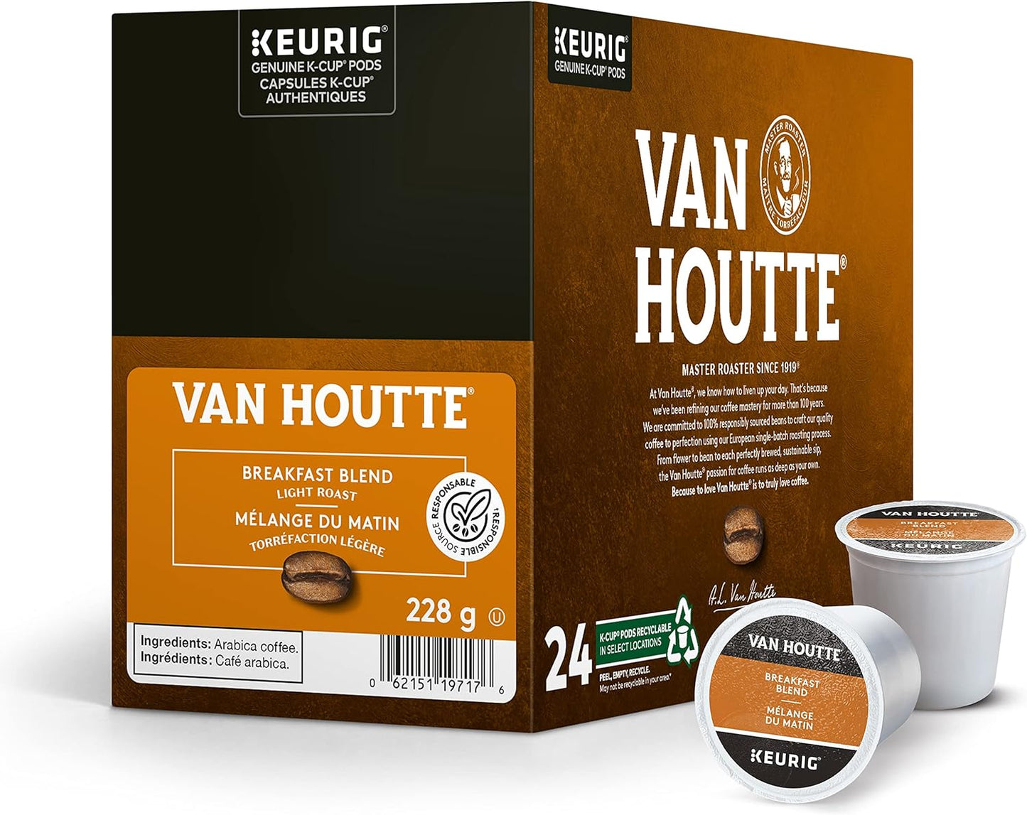Van Houtte Breakfast Blend Coffee Pods – 24 Count K-Cups for Keurig | Light Roast 100% Arabica, Smooth & Bright Morning Coffee