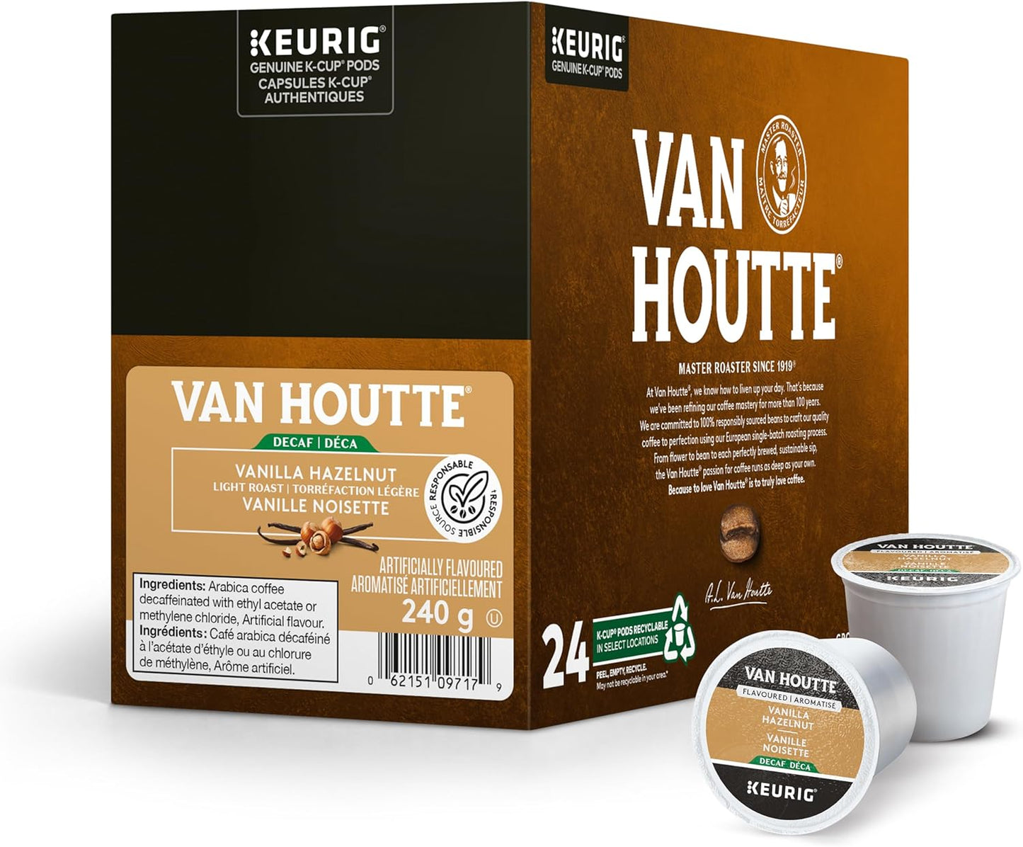 Van Houtte Vanilla Hazelnut Decaf Coffee Pods – 24 Count K-Cups for Keurig | Smooth & Aromatic Flavored Medium Roast 100% Arabica Decaffeinated Coffee