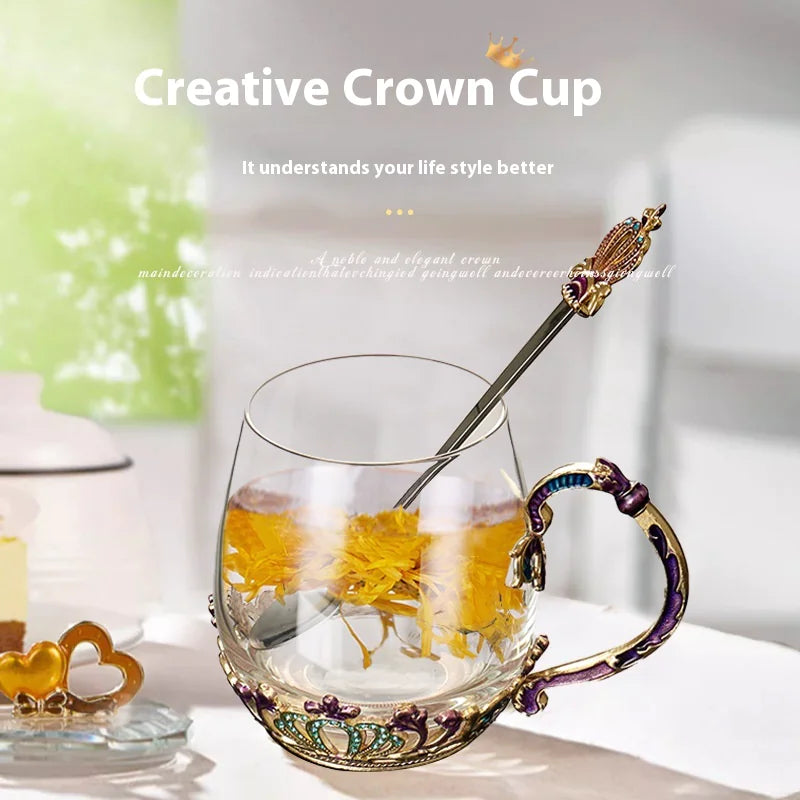 Heat-resistant Enamel Crystal Glass Tea Cup with Lid and Spoon, Floral Pattern, Gift Box Options