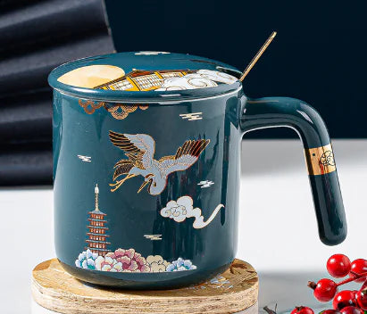 Ceramic Coffee Cup Set with Lid and Spoon, Floral Design